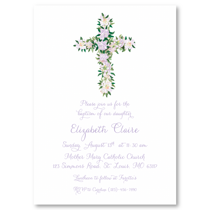 Floral Cross Baptism Invitations - Purple