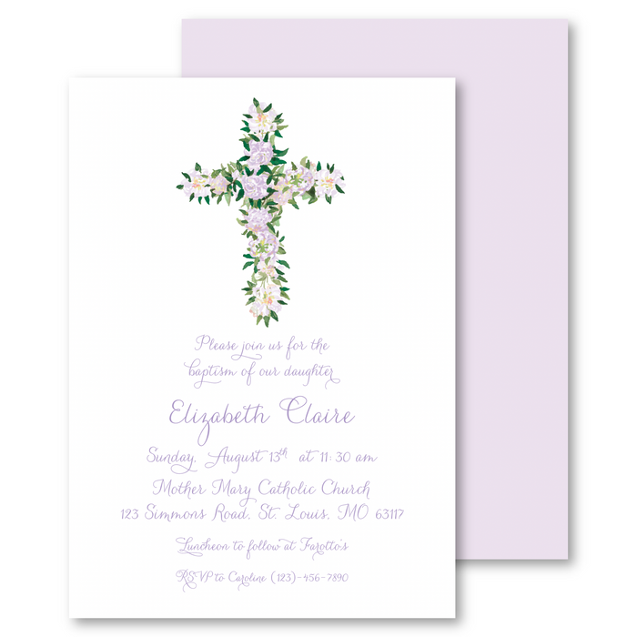 Floral Cross Baptism Invitations - Purple