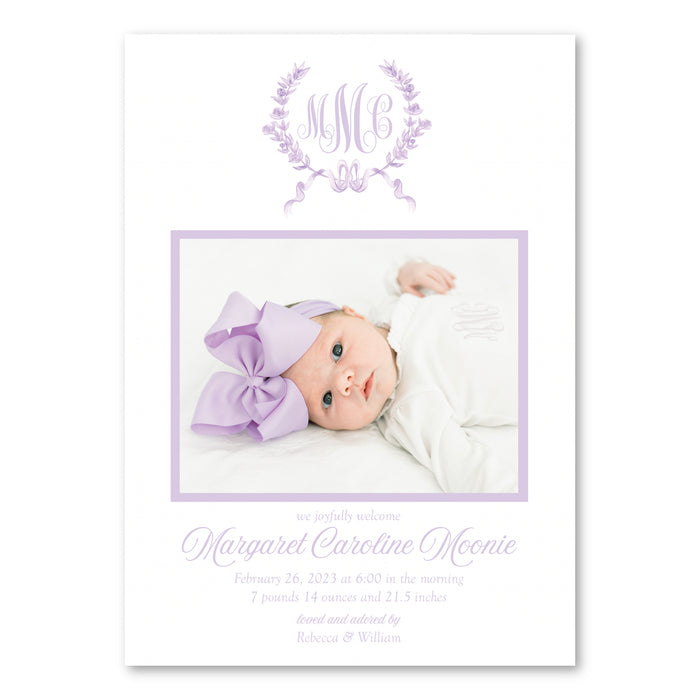 Lavender Floral Painted Crest Birth Announcement