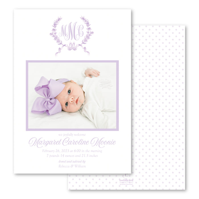 Lavender Floral Painted Crest Birth Announcement