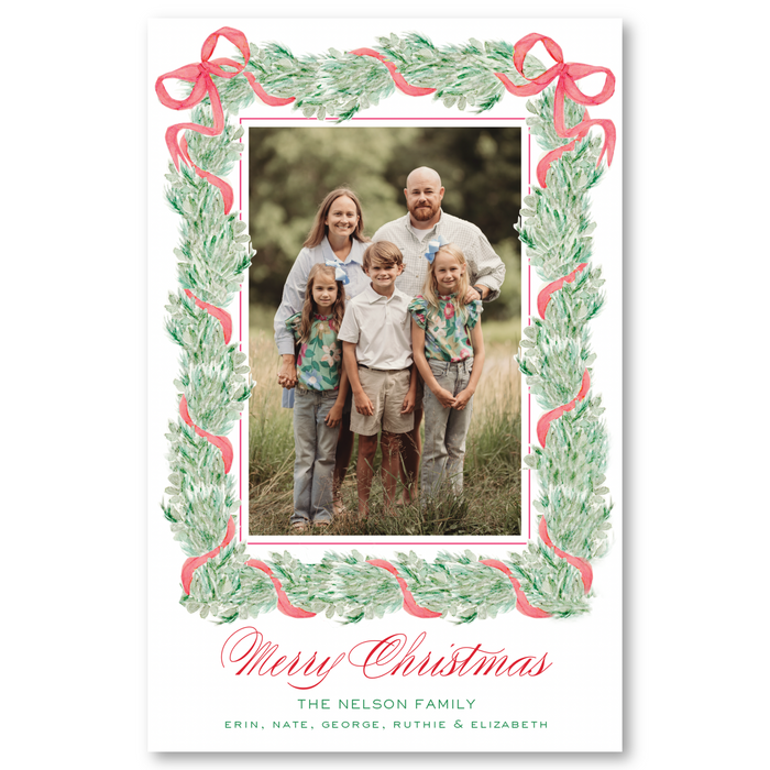 Red Ribbon Garland Holiday Card - A9 - Larger Card Size