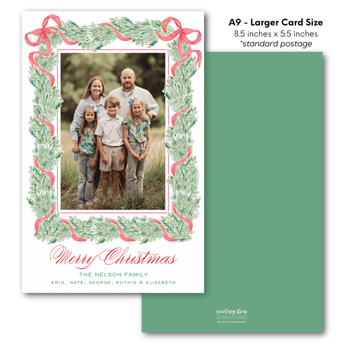 Red Ribbon Garland Holiday Card - A9 - Larger Card Size