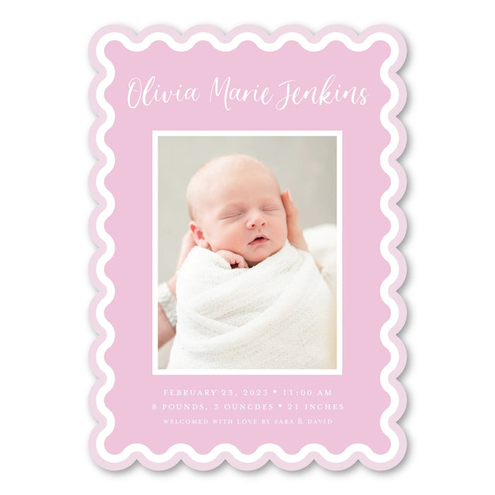 Scallop Trim Cut-Out Birth Announcement - Pink-White Double Border