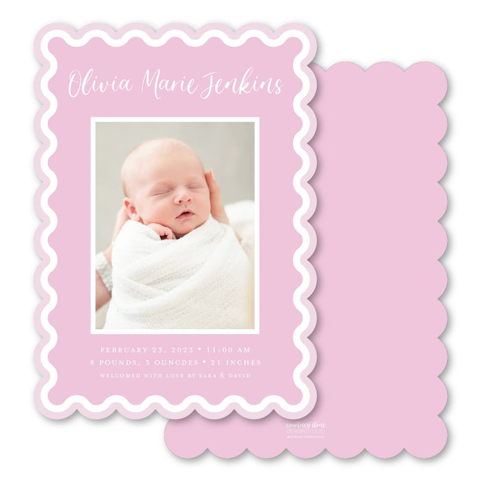 Scallop Trim Cut-Out Birth Announcement - Pink-White Double Border