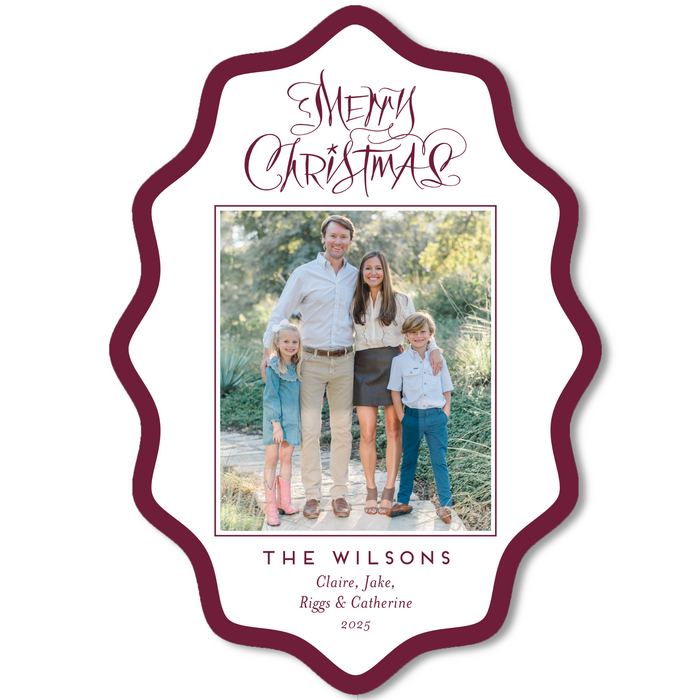 Merry Christmas Calligraphy - Wavy Oval Die-Cut Holiday Card