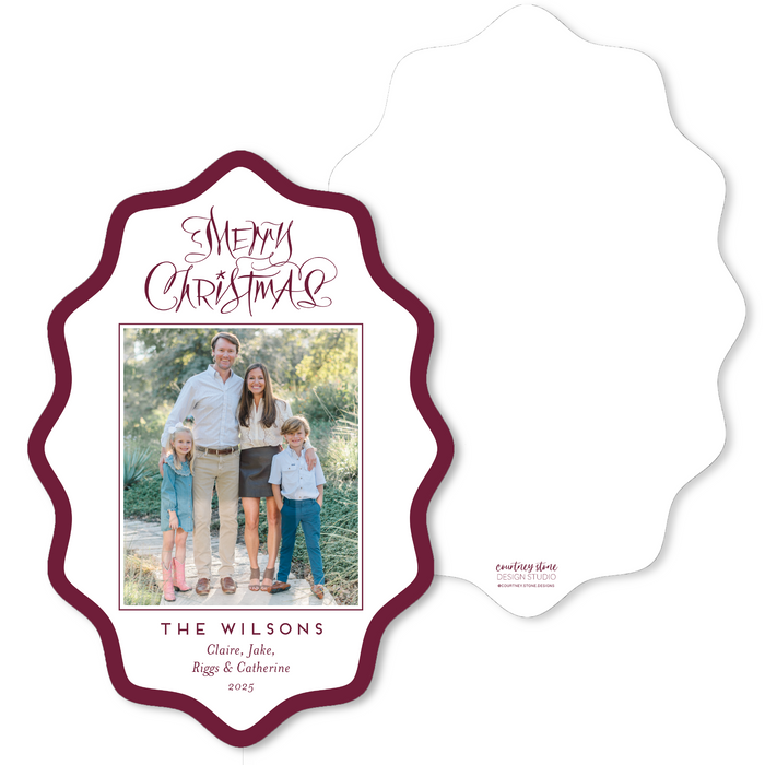 Merry Christmas Calligraphy - Wavy Oval Die-Cut Holiday Card