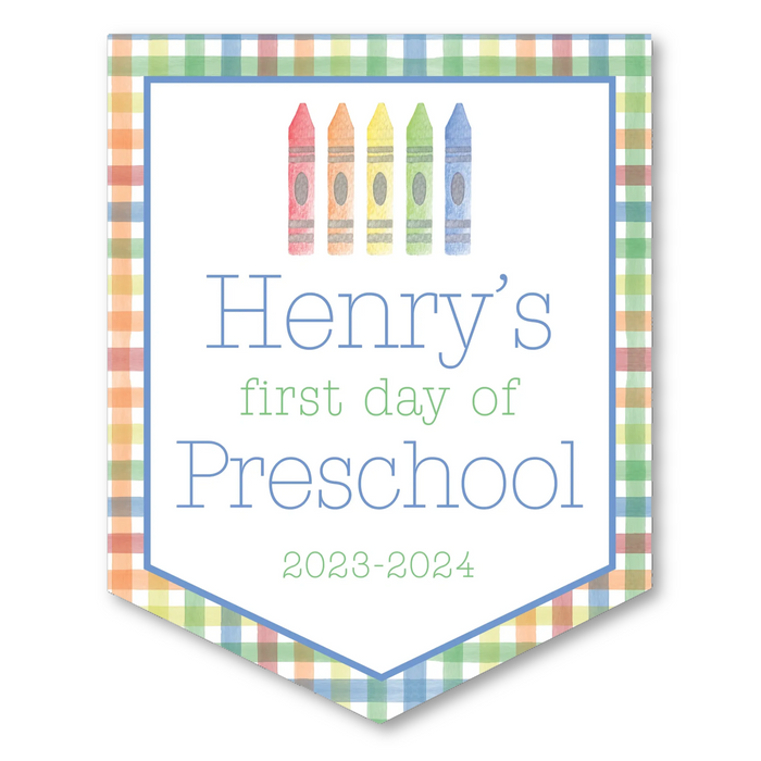 Back To School Sign - Primary Plaid with Crayons