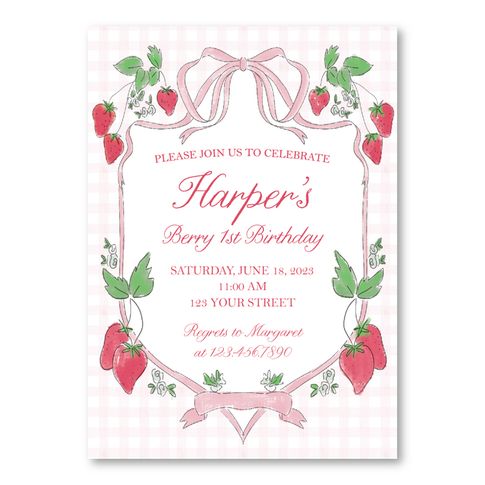 Strawberry Bow Border Birthday Invitations