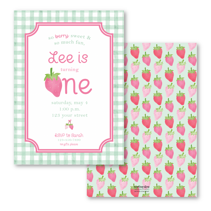 Strawberry ONE Invitations - Blue