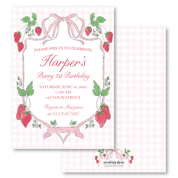 Strawberry Bow Border Birthday Invitations