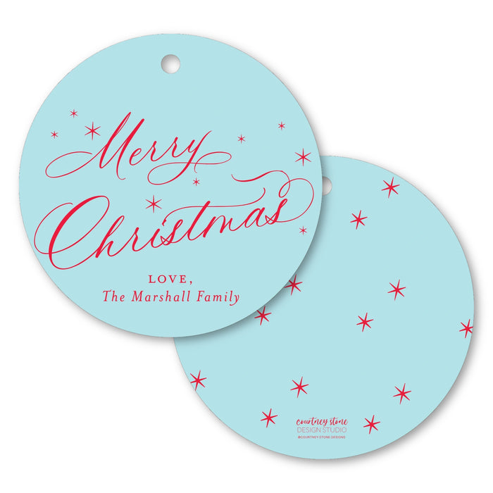 Merry Christmas Star Calligraphy Circle Holiday Tag - Blue