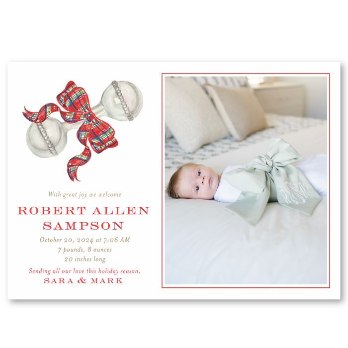 Tartan Rattle Birth Announcement Holiday Card - Serif