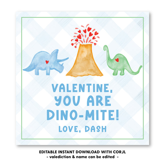 Dino - Blue - Valentines Tag - Self-Edit, Print at Home