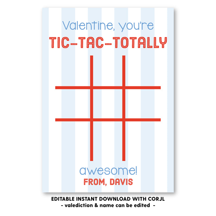 Tic-Tac-Toe - Blue - Valentines Tag - Self-Edit, Print at Home