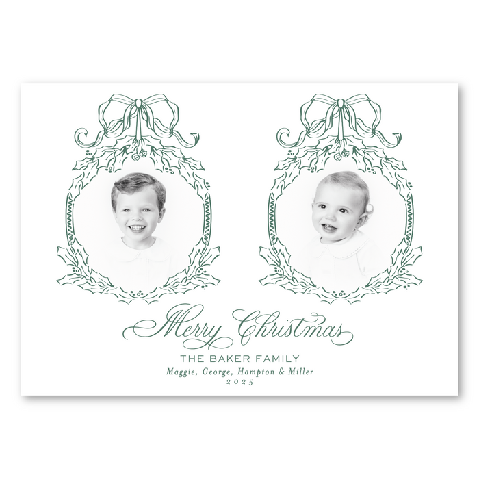 Vintage Holly Bow Double Frame Holiday Card