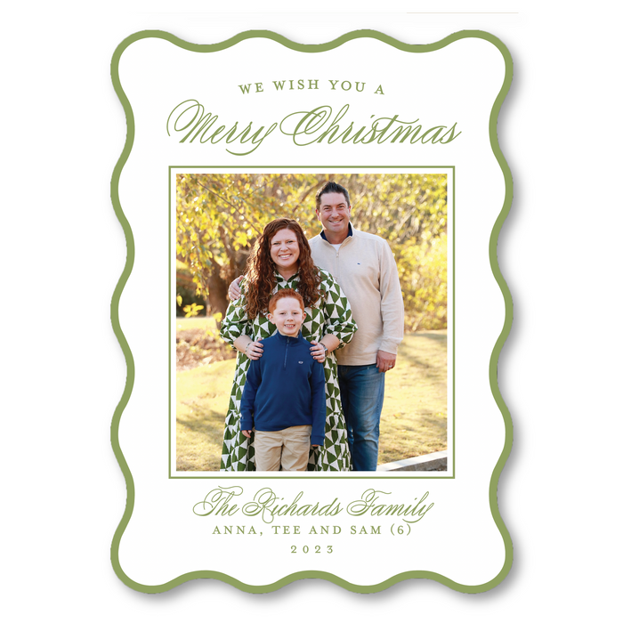 Merry Christmas Script Wavy Die-Cut Photo Mount Holiday Card