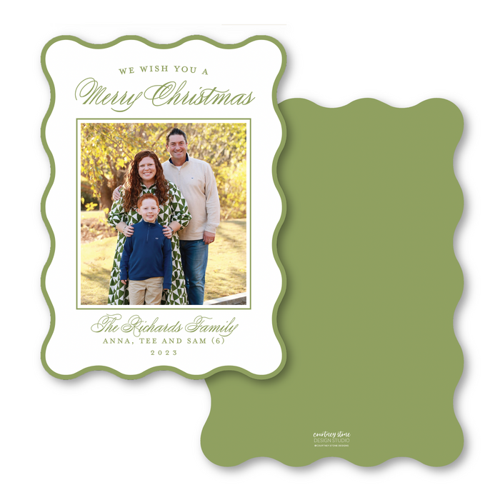 Merry Christmas Script Wavy Die-Cut Photo Mount Holiday Card