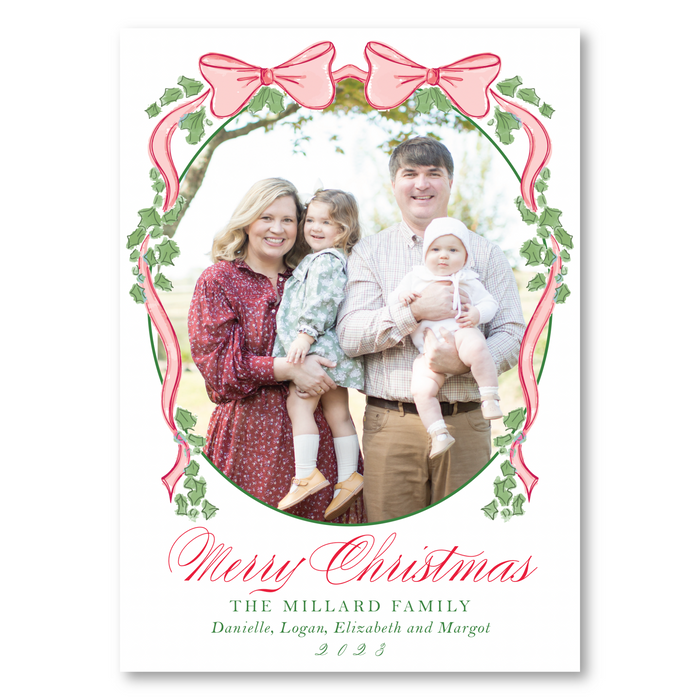 Double Bow Holly - Red - Holiday Card