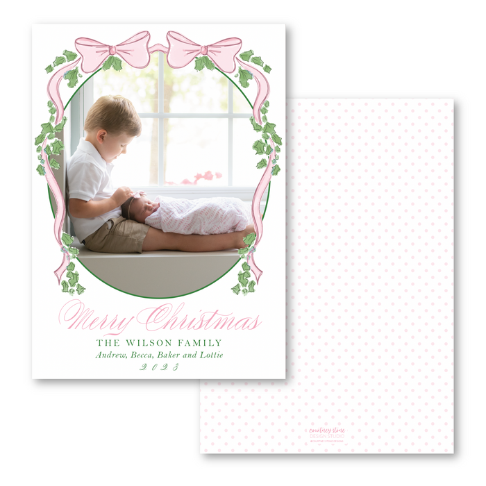 Double Bow Holly - Pink - Holiday Card