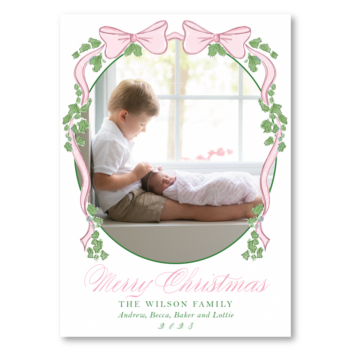 Double Bow Holly - Pink - Holiday Card