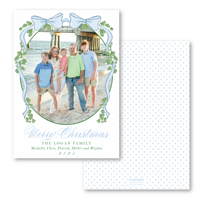 Double Bow Holly - Blue - Holiday Card