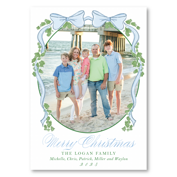 Double Bow Holly - Blue - Holiday Card