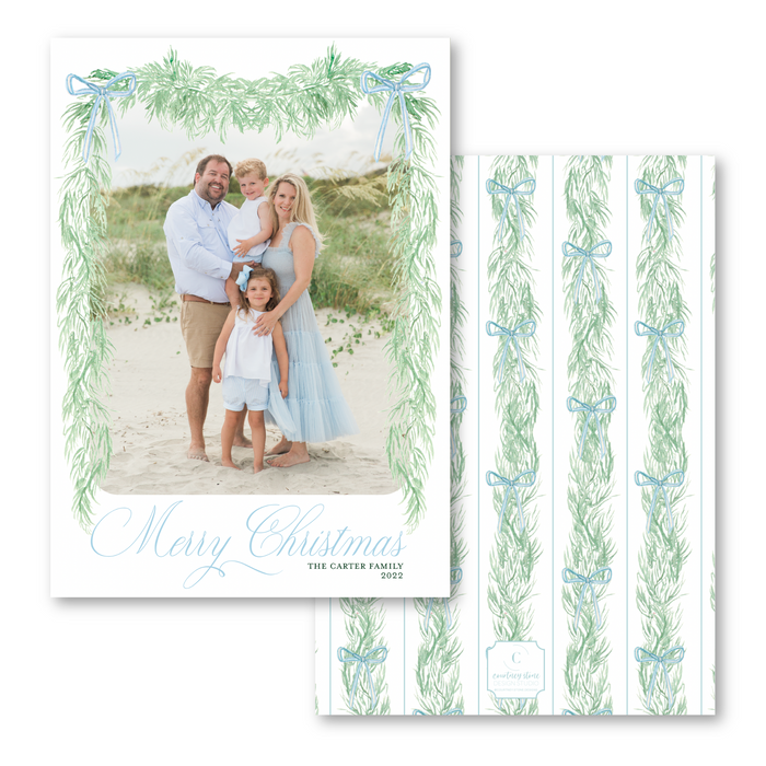 Blue Dainty Bow Garland Holiday Card