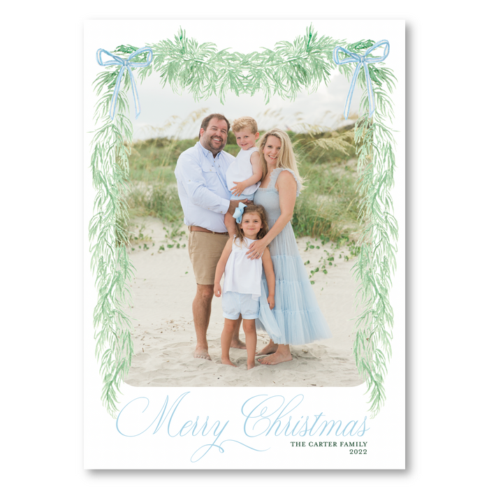 Blue Dainty Bow Garland Holiday Card