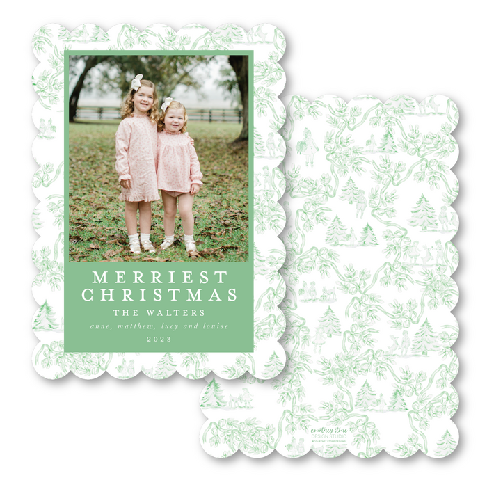 Green Winter Toile Scallop Die-Cut Holiday Card