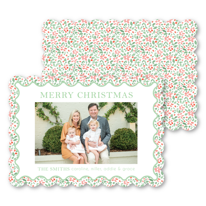 Ditsy Poinsettia Scallop Die-Cut Holiday Card - Horizontal