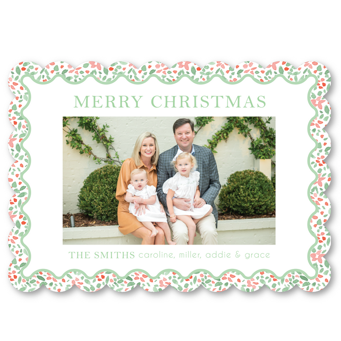 Ditsy Poinsettia Scallop Die-Cut Holiday Card - Horizontal