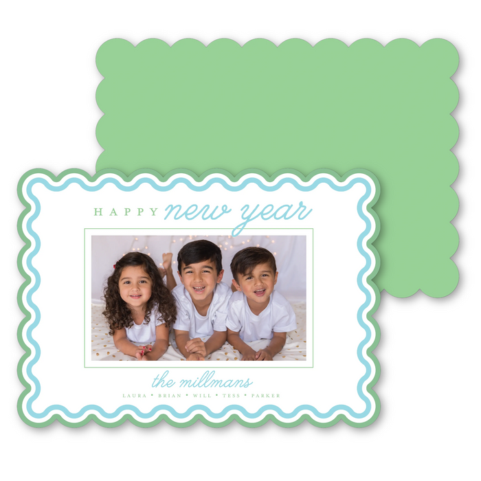 Triple Border New Year Scallop Die-Cut Holiday Card - Horizontal