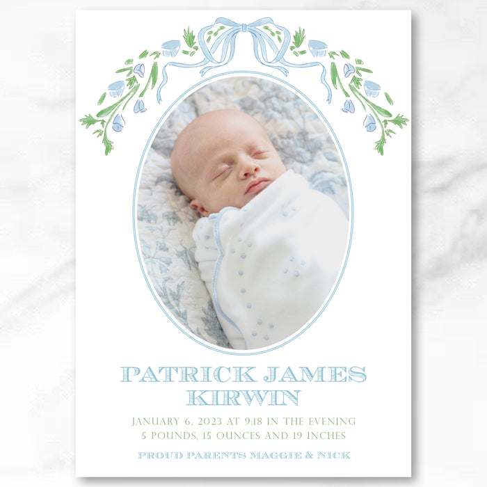 Blue Flower Bow Birth Announcement