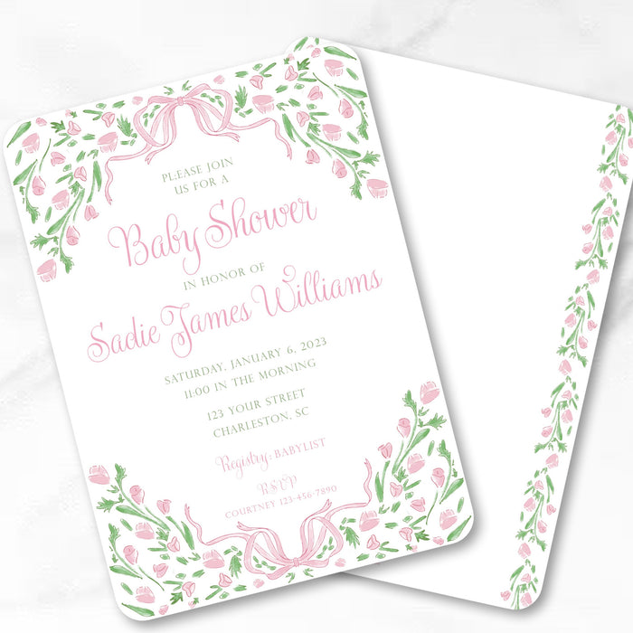 Pink Flower Bow Shower Invitations