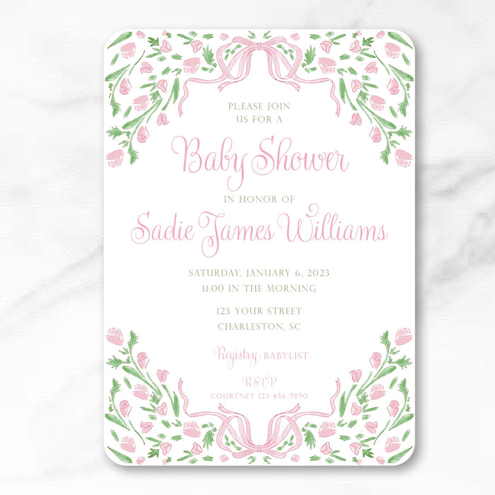 Pink Flower Bow Shower Invitations