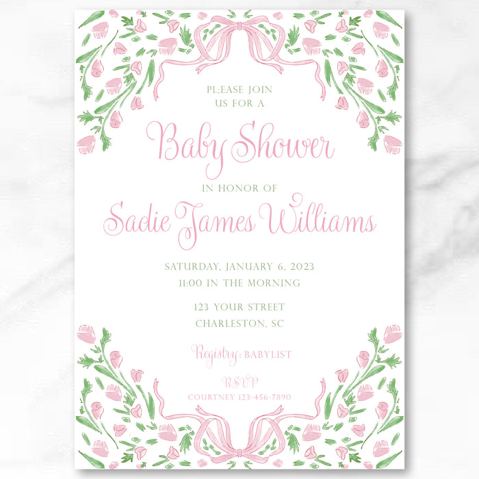 Pink Flower Bow Shower Invitations