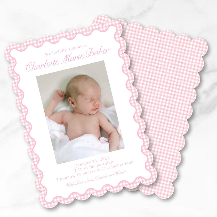 Pink Gingham Scallop Trim Cut-Out Birth Announcement