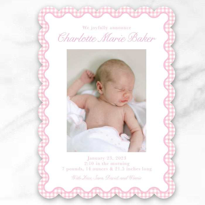 Pink Gingham Scallop Trim Cut-Out Birth Announcement