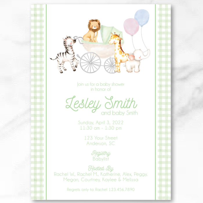 Green Animal Baby Carriage Shower Invitations