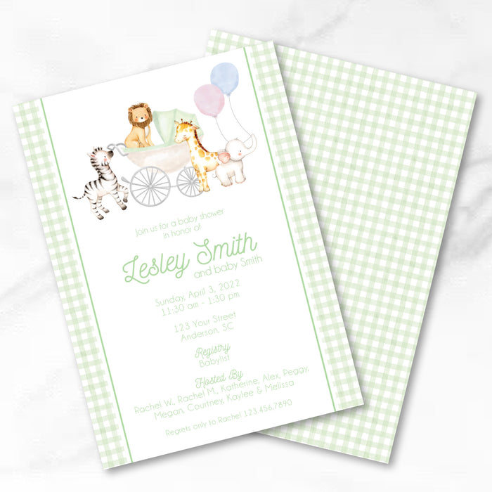 Green Animal Baby Carriage Shower Invitations