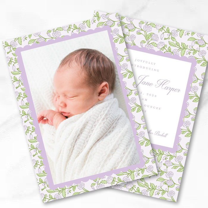 Purple Floral Full-Photo Birth Announcement