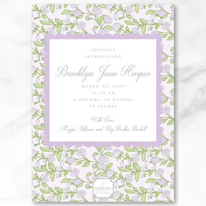 Purple Floral Full-Photo Birth Announcement