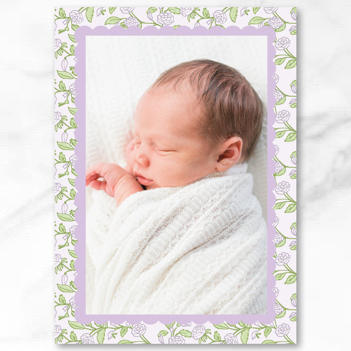 Purple Floral Full-Photo Birth Announcement