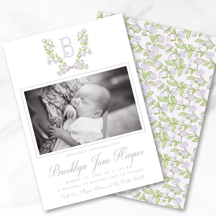 Purple Floral Crest Birth Announcement