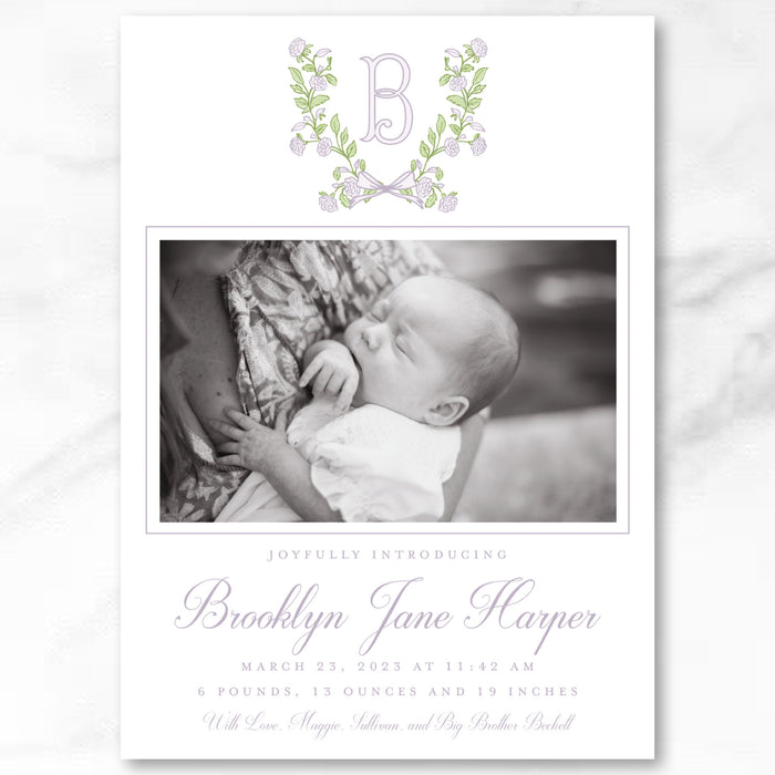 Purple Floral Crest Birth Announcement