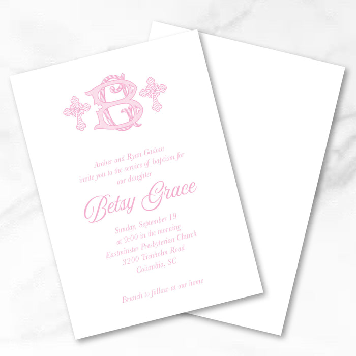 Monogram Cross Baptism Invitations - Pink