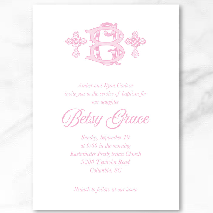 Monogram Cross Baptism Invitations - Pink