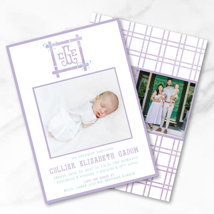 Bamboo Trellis Birth Announcement - Lavender