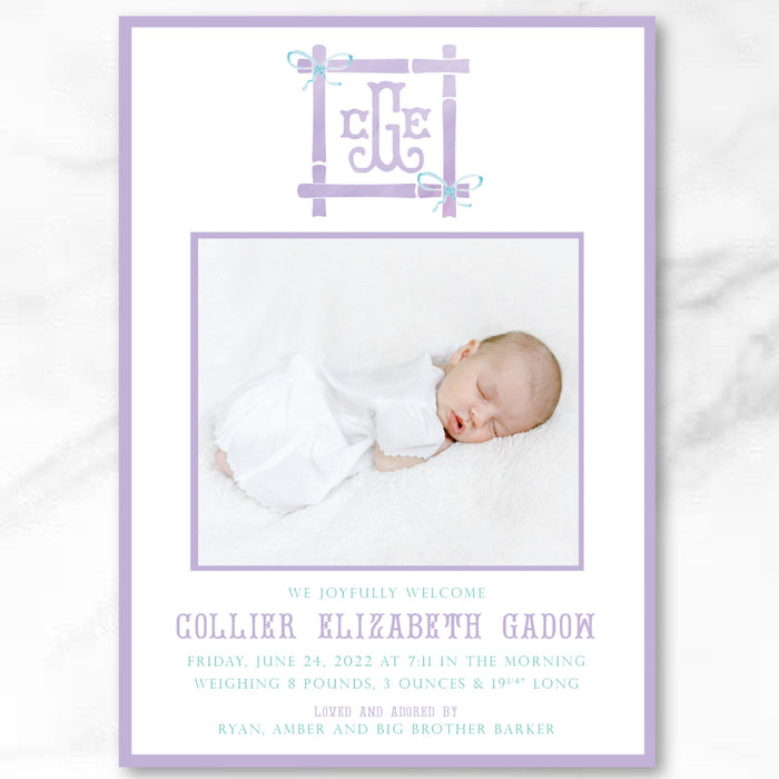 Bamboo Trellis Birth Announcement - Lavender