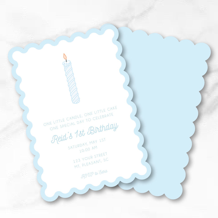 Blue Candle Birthday Invitations - Scallop Edge